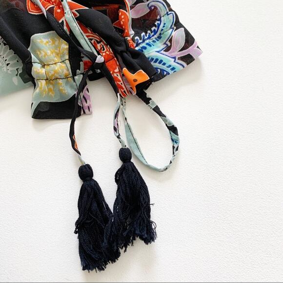 RAGA Anthropologie Blouse Tassel 3/4 Sleeve V-Neck Black Orange Floral Top Small - Picture 11 of 15